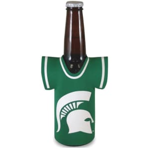 A drink bottle covered in a green jersey stubby cooler featuring a logo, resembling a sports uniform.