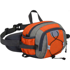 A waist bag in grey and orange featuring a bottle holder, zippers, and an adjustable strap. It has a logo.