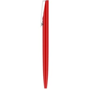 A red plastic pen with a silver clip, featuring a smooth barrel design and a simple branding logo.