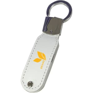 A silver leather swivel flash drive with a metal keyring and a logo on the front.