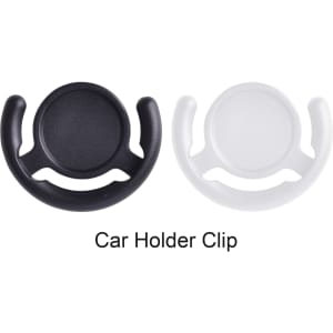 A black and a white phone pop holder car clip, featuring a circular centre and curved grips for attachment.