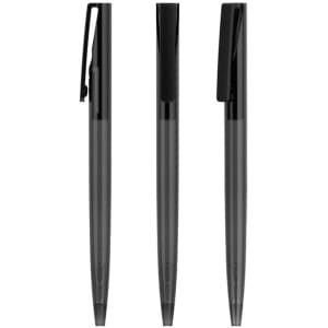 A set of black plastic pens with a transparent barrel, featuring a clip and sleek design.