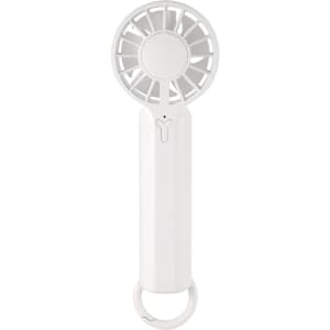 A white portable handheld fan with a circular head and a loop for attaching to bags or belts.