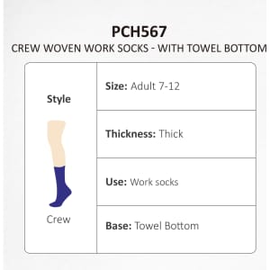 Crew woven work socks in navy blue with towel bottom, designed for adult sizes 7-12, featuring a thick construction.