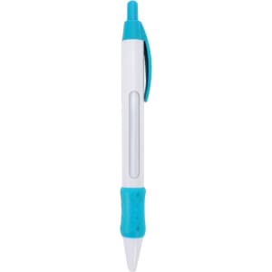 A white pen with turquoise accents and a transparent window. It features a click mechanism and a grip section.