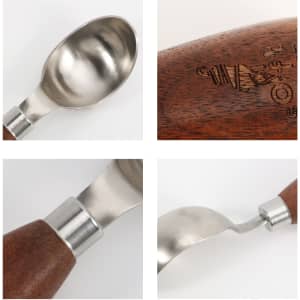 A wood handle ice cream scoop featuring a stainless steel scoop and detailing on the wooden handle.