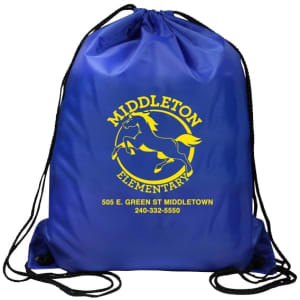 A blue polyester drawstring bag with a logo, featuring yellow text and a graphic of a horse.
