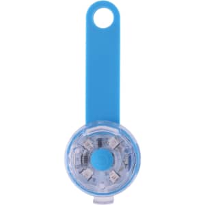 A blue LED pet collar light with a circular design and a mounting clip on one end. It features multiple small lights inside.