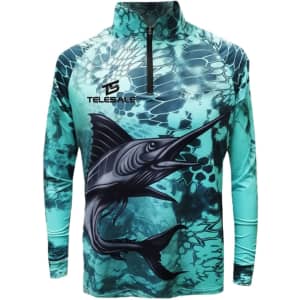 A turquoise fishing pullover featuring a black marlin design and a quarter zip, with a logo on the front.
