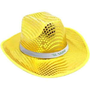 A yellow sequin cowboy hat with a silver band and a logo.