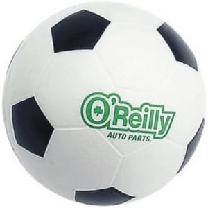 A 98mm football-shaped stress reliever in white and black, featuring a logo on its surface.