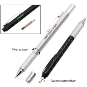 A multi-function pen in silver and black, featuring a twist mechanism and two-bit screwdriver. Includes branding.
