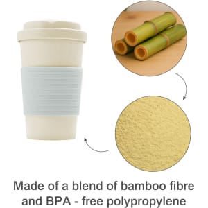 A reusable coffee cup in cream with a grey silicone sleeve, made from bamboo fibre and BPA-free polypropylene.