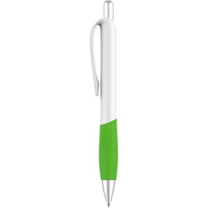 A plastic pen with a creamy white barrel and a bright green grip, featuring a clip and a silver nib.