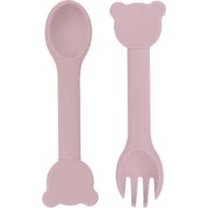 Bear shape silicone cutlery set in soft pink, includes a spoon and fork with bear-shaped handles.