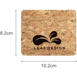 A cork card holder with a natural finish, featuring a logo, measuring 10.2 cm by 8.2 cm.