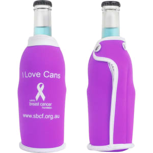 A drink bottle cooler in bright purple with a logo and text design, featuring a fitted shape for cans.
