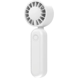 A foldable handheld fan in white, featuring a circular vent and a sleek, compact handle.