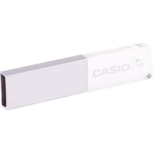 A rectangular crystal flash drive in silver with a clear section, featuring a logo.