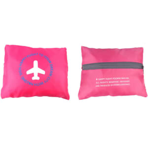A pink travel compressed bag with a design featuring an airplane and a zippered closure. It has a logo.