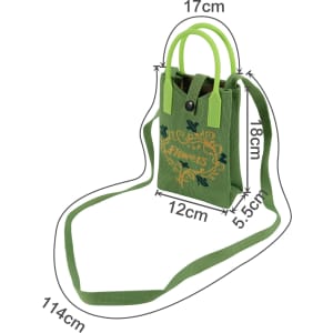 A green knitted phone crossbody bag with handles, featuring floral designs and an adjustable strap.