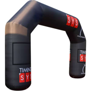 A large inflatable arch in black with red and white branding, designed for exhibitions and events.