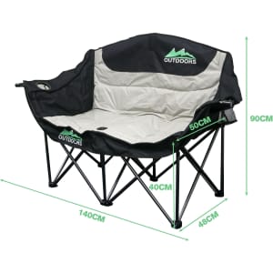 A double foldable portable camping chair in black and grey, featuring a logo and labelled dimensions for reference.