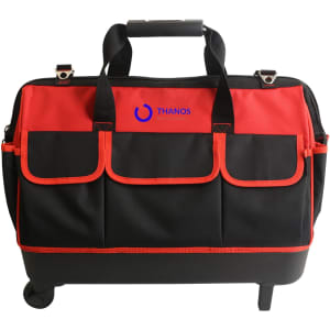 A wheeled tool bag in red and black with multiple exterior pockets and a retractable handle. Features branding.