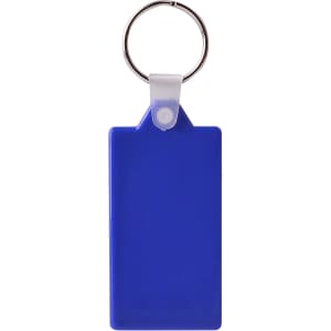 A rectangular hard plastic keyring in vibrant blue, featuring a metal ring for attachment.