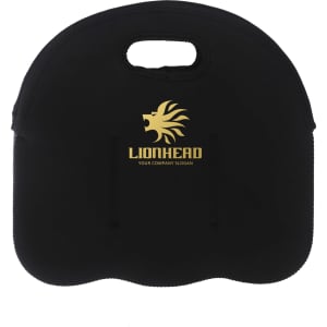 A black cooler bag featuring a handle, designed to hold six drink bottles, with a logo on the front.