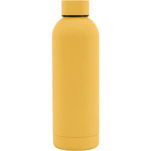 A drink bottle in bright yellow, featuring a rubber-coated exterior and a double wall design. It has a logo on it.