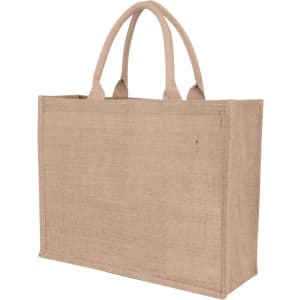 A natural jute tote bag in a light brown colour, featuring two sturdy handles and a structured design.