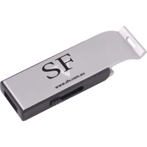 A drink bottle opener combined with a silver and black flash drive, featuring a logo.