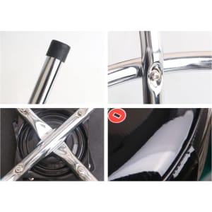 A custom barstool featuring a chrome base, black seat, and detailed close-ups of its components.
