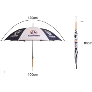 A RPET umbrella with a straight handle, featuring a blue and white design, measures 120cm when open.