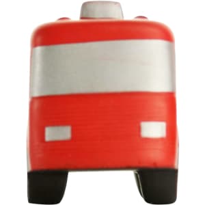 A red fire truck-shaped stress reliever with silver detailing and a black base. It features a simple design and has a logo.