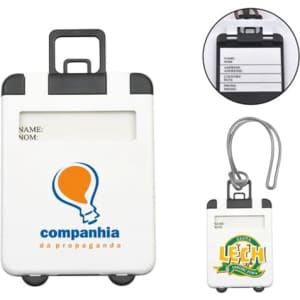 A white ABS luggage tag with a handle, featuring a branding logo and a clear identification panel.