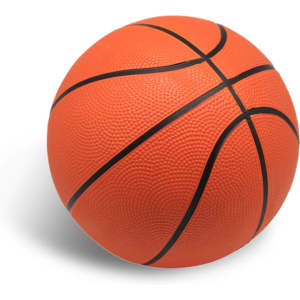 An orange basketball with black lines, featuring a textured surface and a logo.