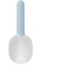 A pet food scoop in white with a light blue handle, featuring a simple, functional design and a logo.