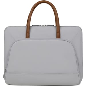 A grey laptop bag with a zippered outer pocket and brown PU handles, featuring a simple and sleek design.