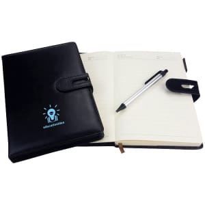 A black PU notebook with a pen, featuring a clasp and an interior with lined pages. It has a logo on the cover.