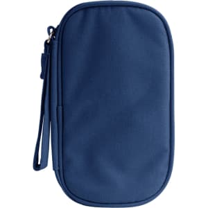 A navy blue electronic accessory organiser bag with a zip closure and a wrist strap.