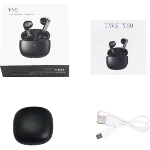 Black semi in-ear wireless earbuds in a charging case, accompanied by a USB charging cable and a branding card.