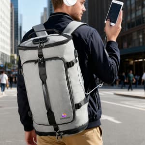 A grey convertible bucket backpack duffel bag with black straps, held by a man in an urban setting, listening to music.