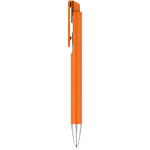 An orange plastic pen with a silver tip and a clip, featuring a logo on the barrel.