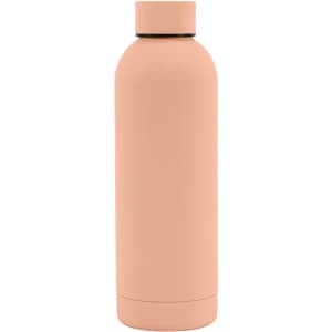 A drink bottle with a rubber-coated finish, featuring a sleek design in a soft pink shade and a branded logo.