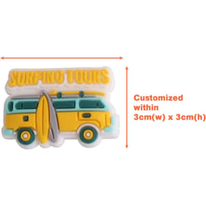 A yellow and green Clog Shoe Charm in the shape of a van with a surfboard and text above it.