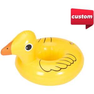 A yellow inflatable cup holder shaped like a duck with a beak and wings. It features a logo.