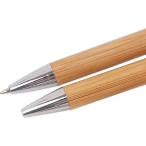 A pair of Eco Bamboo Pens with silver accents and a natural bamboo finish. Features a logo on the barrel.