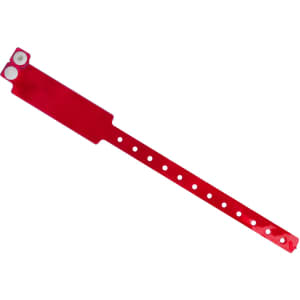 A bright red disposable reflective PVC wristband with a notched strap and two attachment points, featuring a logo.